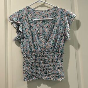 Anthropologie Caution To The Wind floral Ruffle Sleeve elastic waistband Top S